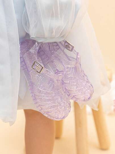 Fashionable Shiny Crystal Jelly Shoes, Purple Jelly Sandals For Girls, Summer Water Shoes, Beach Flat Sandals