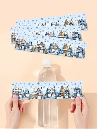 10/20/3000 piezas Etiquetas adhesivas de 22*5.5cm para botellas de agua navideñas, diseño de pueblo nevado azul y Papá Noel y muñeco de nieve para fiesta de Navidad, etiquetas para regalos de fiesta de Navidad y vacaciones DIY