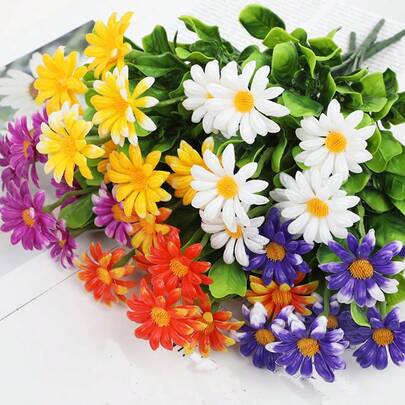 7头洋甘菊和非洲菊人造花，适合客厅、商场、阳台、餐桌的家居装饰