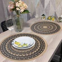 4 Stücke/6 Stücke/8 Stücke runde Tischsets, Leinen-Farbe Kaffee-Hintergrund mit schwarzem Blumen-Siebdruckdesign, hitzebeständig, rutschfest, isoliert, strapazierfähige Leinen-Gewebe Tischsets, 38 cm x 38 cm Halloween Glocken Muster, ideal für Restaurant-Eröffnung, Schlafzimmer-Schreibtisch-Dekoration, Hochzeitstisch-Dekoration, Geschirr-Schutz, Tischplattenschutz, geeignet für Küche, Esszimmertisch, Innen- und Außenbereich