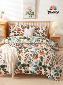 2/3件套双面树叶花卉图案彩色被套床品套装，柔软透气，抗皱，有助于提升睡眠质量，奢华酒店风格，是送给父母和朋友的绝佳礼物。套装包含：被套*1，枕套*1/2。提供特大号、大号、标准大号、单人床尺寸可选，适用于卧室、客房、宿舍。 - 彩色 - 查看 1
