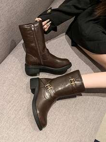 Botas Estilosas Femininas, Botas de Cavaleiro Estilo Britânico, Botas Curtas Versáteis de Ajuste Slim com Zíper Lateral Vintage, Botas para Primavera/Outono, Botas de Cano Médio Femininas de Couro com Salto Grosso