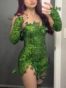 Deluxe Green Ivy Costume For Women, Sleeveless Fake Leaves Sequin Dress With Gloves Set - 綠色 - 查看 2