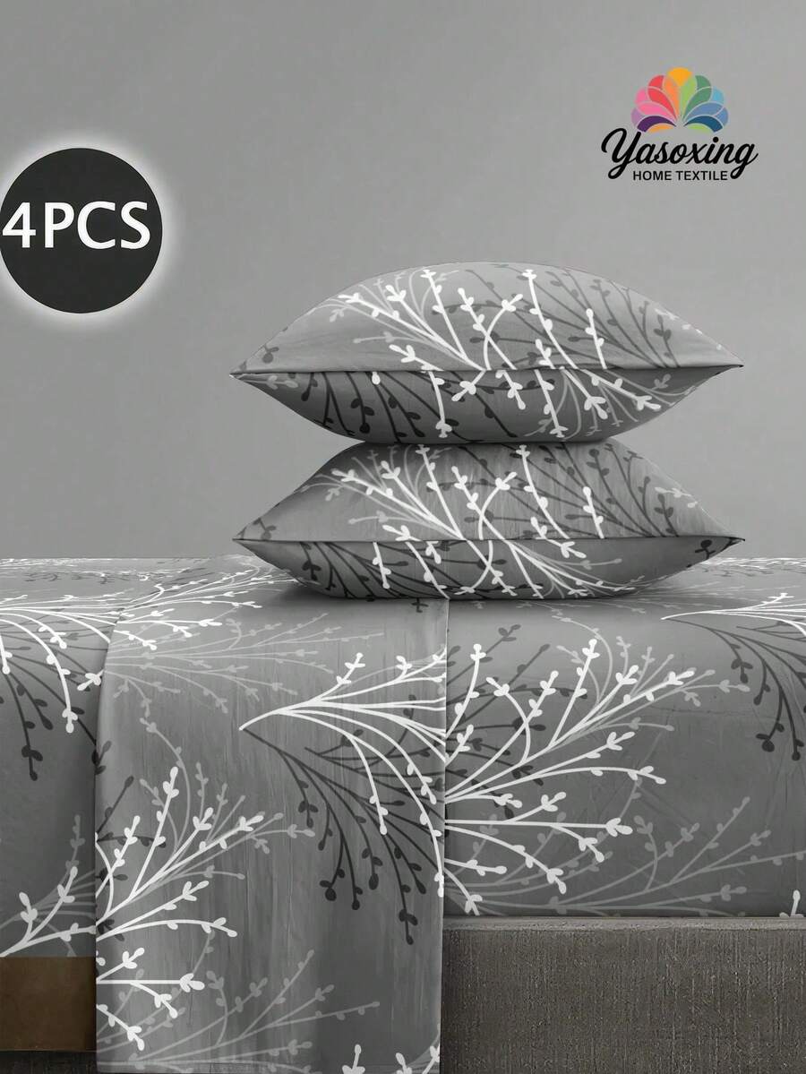 4 件灰色草花图案床单套件,1 件床笠和 1 件床单和 2 件枕套床上用品床垫保护套(不包括枕芯),豪华床笠套装特大号双人床全尺寸床单深口袋最大 11.8 英寸枕套,柔软透气防皱,更适合睡眠,豪华酒店风格,送给妈妈爸爸朋友农舍床上用品套装的礼物 - 灰色 - 查看 1