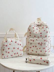 New Youth Schoolbag Corduroy Cherry Print Elementary Middle High School Student Laptop Backpack