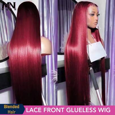 200% 密度 99J 酒红色长直蕾丝前假发，混合发量 13x4 酒红色直蕾丝前假发 13x6 高清红棕色蕾丝前假发，适合日常佩戴，预剪预拔自然发际线，带婴儿发 4x4 5x5 短款波波头直蕾丝假发