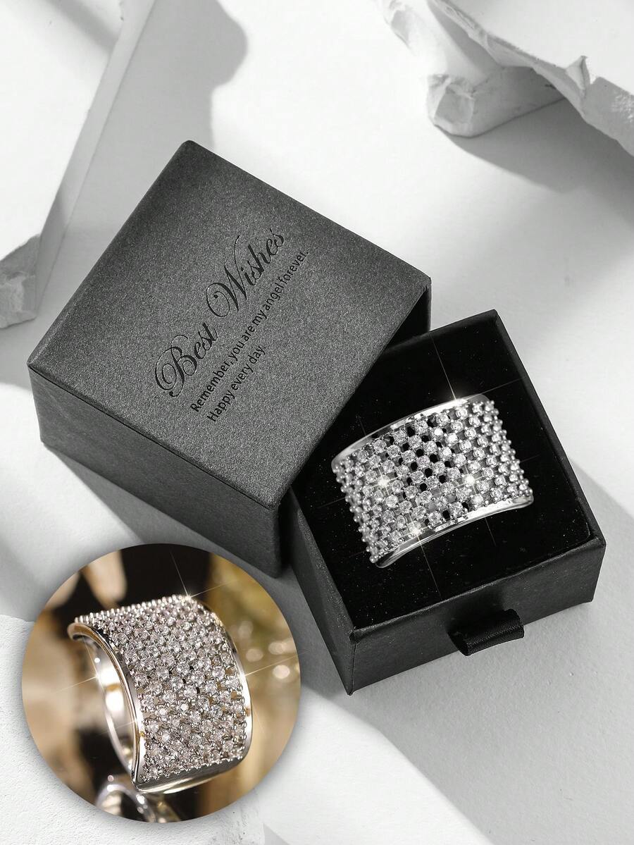 Juego de anillos de plata con circonita cúbica apilables en caja de regalo de lujo, joyería de moda elegante adecuada para bodas y regalos - Plata 2 - Ver 1