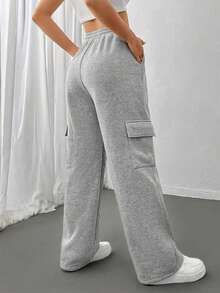Warm Lined Plus Size Knitted Cargo Pants Drawstring Straight Leg With Pockets Long Length For Ultimate Comfort - Grey - View 2