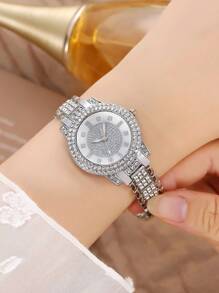 Set de 6 bucăți pentru femei, ceas analogic cu cuarț din oțel inoxidabil, brățară în 3 tonuri, cadou pentru mama