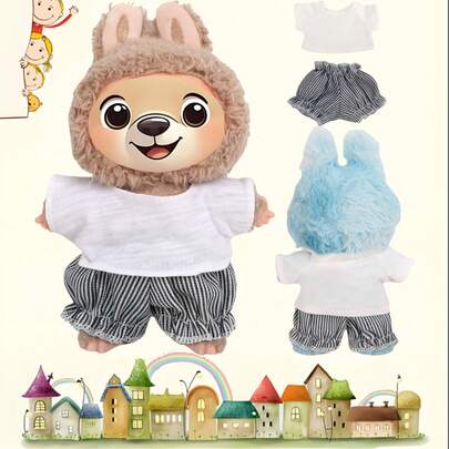 White T-Shirt + Striped Shorts Outfit Set For LABOBO Doll Dress Up, Roleplay, Doll Clothes Suitable For V1 V2 V3 LBB Dolls, Macaron Plush Toys