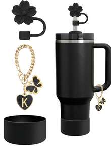 3件/2件套配件,专为30-40盎司杯子设计,包含字母标记和可重复使用的硅胶芙蓉花吸管帽,10毫米宽吸管帽,可爱的字母装饰,适合现代简约玻璃杯。 - 3pcs黑色 - 查看 10