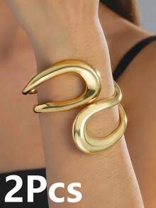 1/2pcs Geometric Metal Bracelet, Minimalist Style, Exaggerated Design, Streamlined Bangle, Thick Cuff - Gold - View 16