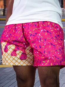 Fashion Baseball Life 101 Ice Cream Shorts - Breathable Polyester Quick-Drying Material, Machine Washable, With Pocket Drawstring, Suitable For Outdoor Sports And Casual Wear Summer Sportswear, Playful Design, Comfortable Fabric - 玫紅色 - 查看 2
