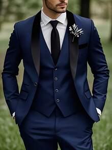 Men's Three-Piece Suit With Shawl Collar, Buttoned Waistcoat, Formal Suit, Trousers - Wedding Attire, Formal Occasion, Evening Party Clothing (Including Only Suit Jacket + Waistcoat + Trousers) - Màu xanh hải quân - Xem 1