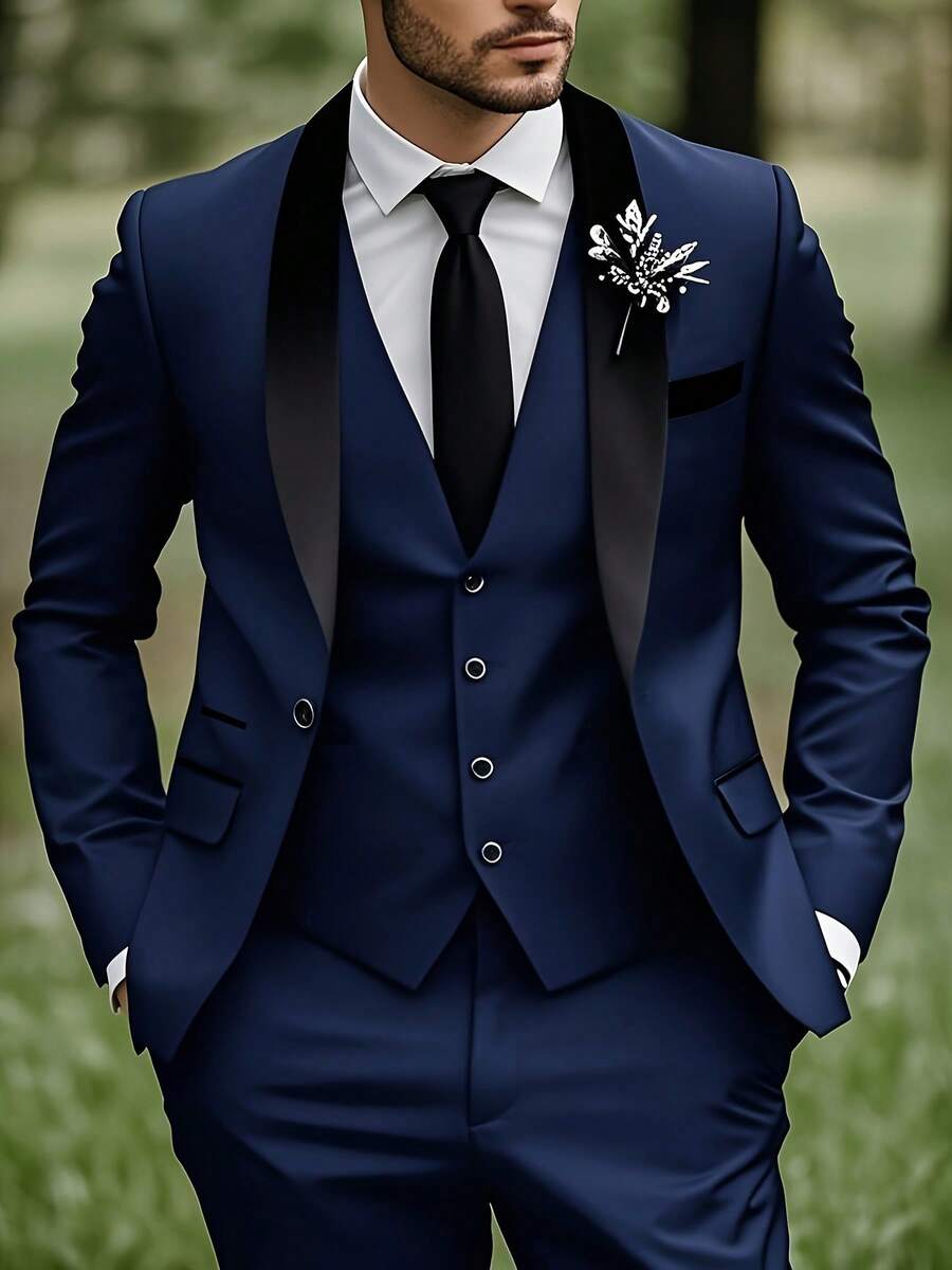 Men's Three-Piece Suit With Shawl Collar, Buttoned Waistcoat, Formal Suit, Trousers - Wedding Attire, Formal Occasion, Evening Party Clothing (Including Only Suit Jacket + Waistcoat + Trousers) - Màu xanh hải quân - Xem 1