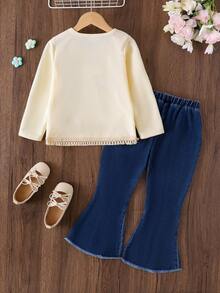 2 件套年轻女孩波西米亚风格休闲花卉 3D 印花长袖 T 恤上衣和流苏设计花卉喇叭牛仔裤套装 - 杏色 - 查看 2