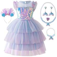 Summer Girls Dress Sequin Embellished Tulle Party Dress Ruffled Sleeve,Halloween Costumes