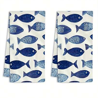 1/2/4pcs Kitchen Towels, Highly Absorbent, Polyester Material, Blue & White Fish Pattern, Ideal For Holiday Farmhouse Kitchen And Bathroom Decor, Autumn Decor, Room Decor