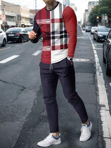 Men's Patchwork Contrast Plaid Long Sleeve T-Shirt And Pants Set - Multicolor - View 1