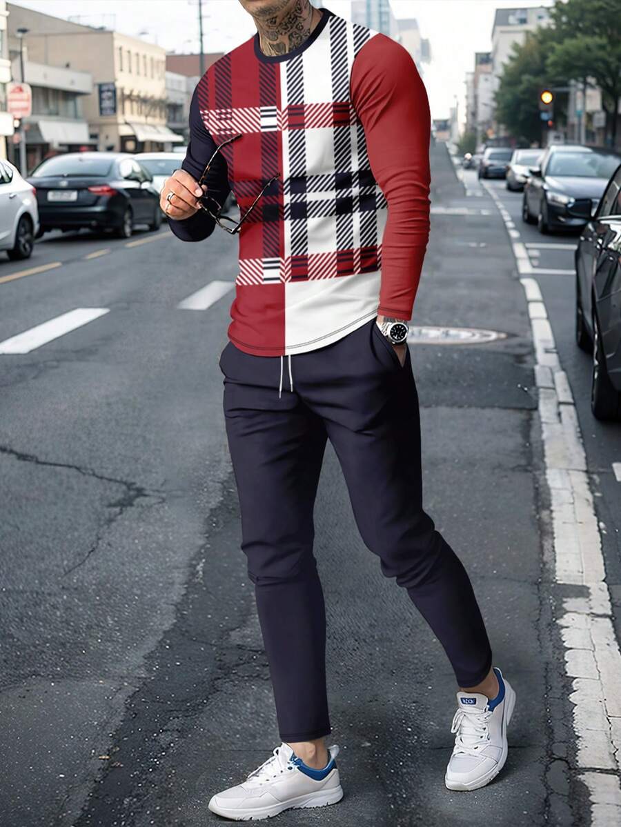 Men's Patchwork Contrast Plaid Long Sleeve T-Shirt And Pants Set - Multicolor - View 1