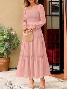 PRETTYGARDEN Women Elegant  Maxi Dresses For Fall Boho Long Sleeve Smocked A Line Ruffle  Wedding Guest Holiday Party Long Dress With Pockets New Years Valentine Vacation Spring Dresses For Women Vestidos Elegantes De Mujer - 粉色 - 查看 6