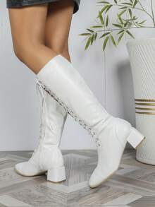 Women's Fashion Boots, White Boots, Square Toe Thick Heel Warm Boots, Thin Strap Side Zipper Ladies Boots, Elegant Women's Shoes - White - View 3