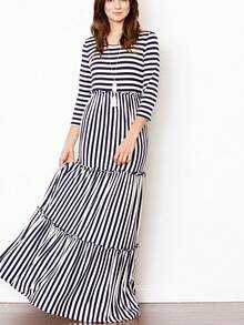 Retro Boho Woven Floral Pink Yellow Maxi Surplice Wrap Sah Dress Front Tie Flutter Sleeve - 條紋 - 查看 7