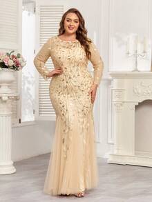 Đầm dạ hội dáng đuôi cá cỡ lớn thêu hoa đính sequin, đầm dài tay thanh lịch, thích hợp cho tiệc cưới, lễ tốt nghiệp, dạ tiệc và các sự kiện mọi mùa. - Vàng - Xem 4