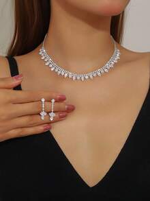 奢华时尚女士珠宝套装，水钻项链和耳环，适合新娘、派对、庆典和日常佩戴 - 銀色 - 查看 1