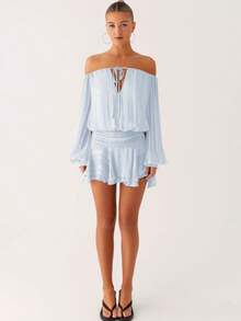 Womens 2025 Off Shoulder Flowy Mini Dress Smocked Long Sleeve Tie-Up Front Casual Elegant Corset Short Dresses - 藍色 - 查看 2