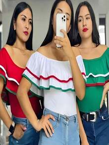 Blusa sexy tri color   Lazo    Fiesta    Tela    Lazo  Lazo delantero    Fiesta  Noche de fiesta    primavera-verano otoño-invierno - Rojo - Ver 2