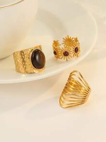 3 件套不锈钢金色戒指，镶嵌棕色虎眼石，适合日常佩戴或送礼 - 金黃色 - 查看 2