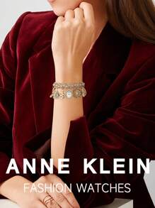 Anne Klein Women's Gold Crystal Accented Charm Bracelet Watch With Mother-Of-Pearl Dial Quartz Watch For Ladies Elegant Luxury Gift Watch With Small Oval Pendant Case And Chain Bracelet - Gold - View 3