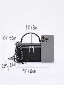 1 pièce Sac carré de mode en PU matelassé avec couture en diamant, motif jacquard gaufré de couleur unie. Sac à fermeture éclair polyvalent et élégant. Sac à main pour femme avec bandoulière en chaîne, matériel en cuivre réglable - Noir - Voir 3