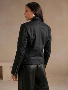 Jaqueta feminina de couro sintético, jaqueta curta casual estilo motociclista em PU preta - Preto - Ver 5