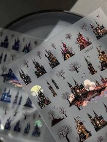 1 pieza Pegatina de arte de uñas en 3D de la serie de Halloween con Castillo Oscuro y Árbol Espeluznante, apta para salones de uñas y uso personal - Multicolor - Ver 5