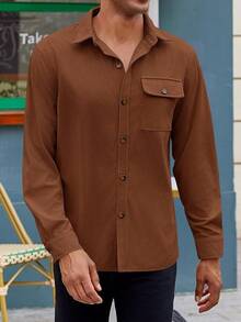 Mens Corduroy Button Down Jacket Casual Long Sleeve Shirts Ribbed Lightweight Shacket Jacket With Flap Pockethalloween - 棕色 - 查看 2
