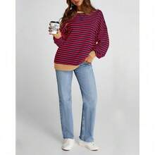 Womens Oversized Striped Sweatshirt Crewneck Long Sleeve Pullover Top Casual Y2K Spring Clothes 2026 Workout Shirt,Vacation Outfits Women,Valentine Outfits For Women,Street Photography - 紅海軍 - 查看 2