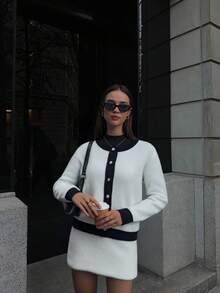 SEREN Herbst und Winter Neu 1 Stück Rundhals Schwarz-Weiß Kontrast Gestrickter Cardigan Damen Langarm Oberteil, französischer Stil elegante Temperament modische Lässig Alltag Ausgehen Pendler Strickjacke Herbst Damenmode