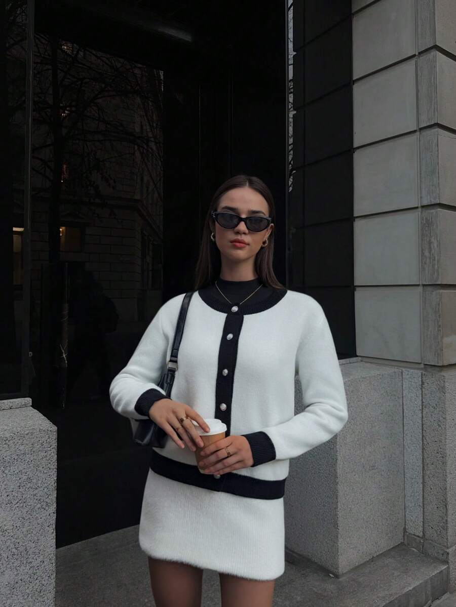 SEREN Herbst und Winter Neu 1 Stück Rundhals Schwarz-Weiß Kontrast Gestrickter Cardigan Damen Langarm Oberteil, französischer Stil elegante Temperament modische Lässig Alltag Ausgehen Pendler Strickjacke Herbst Damenmode