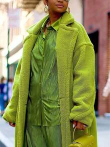 Valentine's Day, Date Night Outfit, Gifts For Her GLOURI Women's Long Teddy Coat, Fleece Coat, Green Double-Breasted Maxi Outerwear With Lapels Collar And Pockets, Fully Lined, Chunky And Thick Coat, Winter Warm Outfits