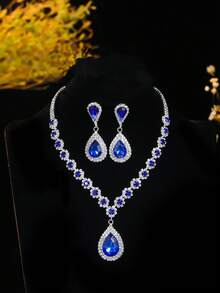 復古宮廷閃爍水晶鑽石項鍊耳環套裝，婚禮派對珠寶3合1 - 銀色 - 查看 4