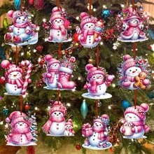 12/24 PIEZAS Decoraciones navideñas de muñeco de nieve rosa - Etiquetas decorativas para árbol de Navidad de papel, regalos para fiestas navideñas, con cintas, sin electricidad y sin plumas