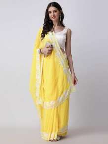Women's Georgette Embroidery Border Work Designer Saree With Blouse Piece(Yellow) - Yellow - View 6