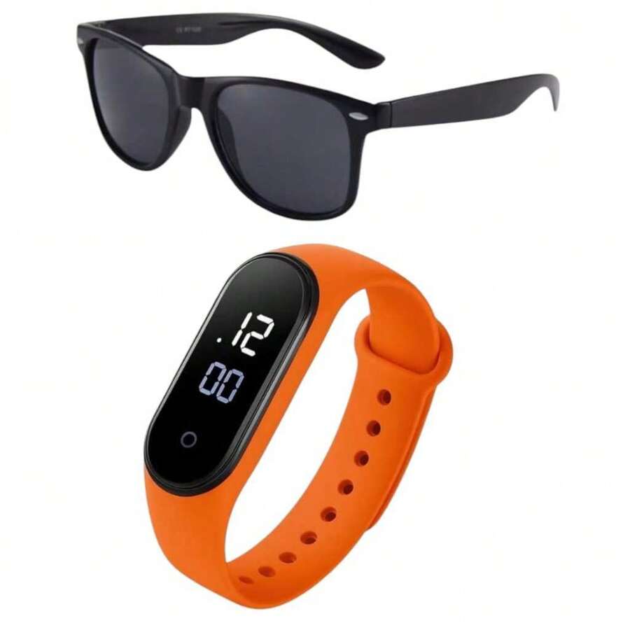 Conjunto Relógio Digital Led Masculino + Óculos De Sol Infantil Menino - Laranja - Visão 1