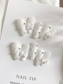 Nœud en gypse blanc pur luxueux fait main, portable, style américain vintage, ongles à clipser, manucure haut de gamme convenant aux fêtes, anniversaires, rassemblements, fournitures pour nail art, ongles à clipser faits main - Blanc - Voir 2