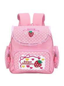 Mochila bordada con diseño de fresa, mochila rosa dulce con bordado de fresa, mochila escolar bordada con frutas y encaje para niña - Rosa - Ver 10