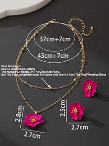 1 套女士首饰套装，包括 1 对鲜艳的紫红色花卉设计耳环和 1 条项链（由于手工制作，珠链长度可能略有不同，但不会影响佩戴效果） - 玫紅色 - 查看 5