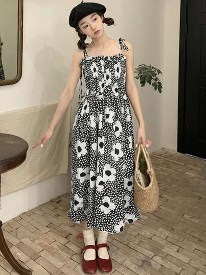 New Vintage Floral Off-Shoulder Ruffle Hem Casual Slip Dress For Women, Spring