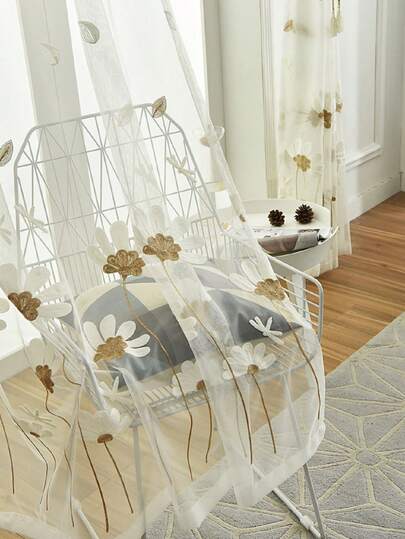 1pc American Country Style Daisy Tulle Curtain, Decorative For Living Room, Bedroom, Balcony